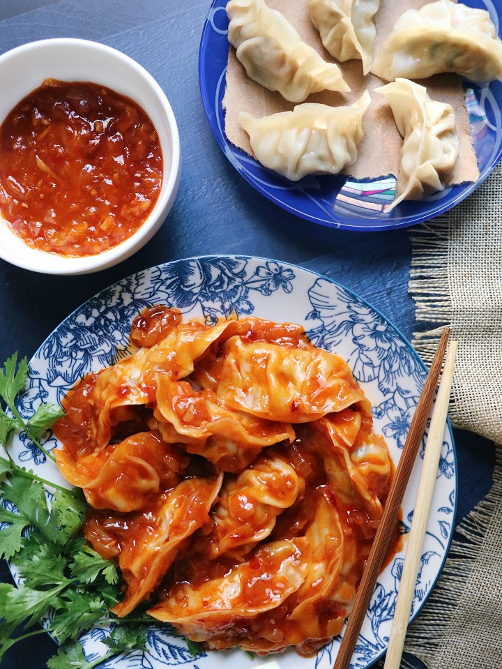 Spicy Schezwan Momos (Dumplings) - Strawberry in the Desert